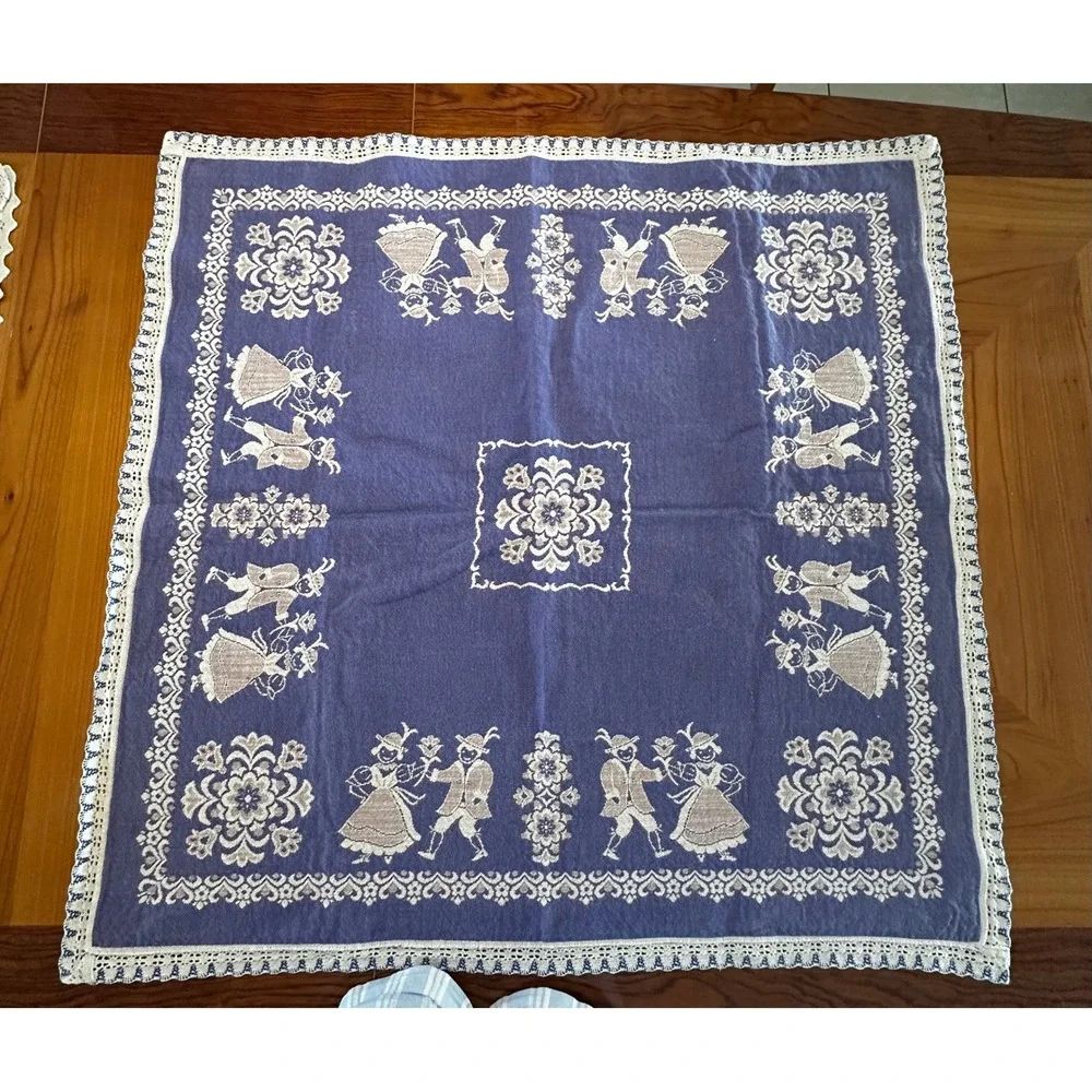Vintage Blue White Folk Art Woven Tablecloth Lace Trim Bavarian Alpine Figures